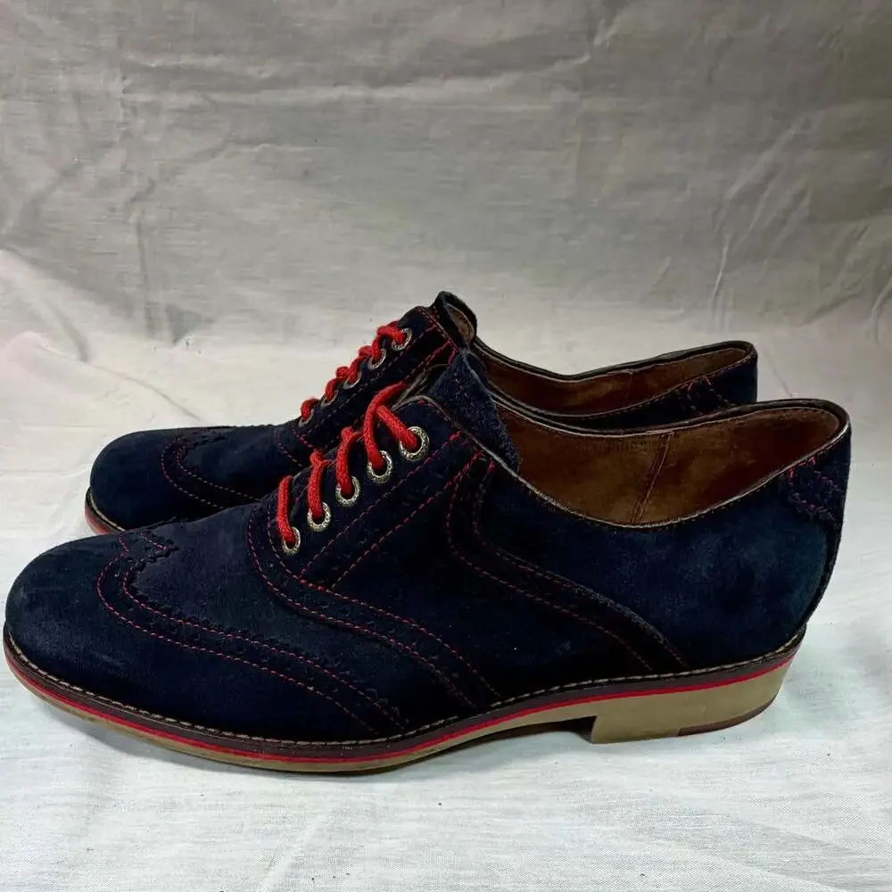 Johnston & Murphy Navy Blue Suede Wingtip Oxford Brogues with Red Laces